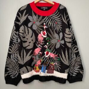 33 Degrees Size Large Flamingo Ugly Christmas Sweater Embellished Pink Feathers